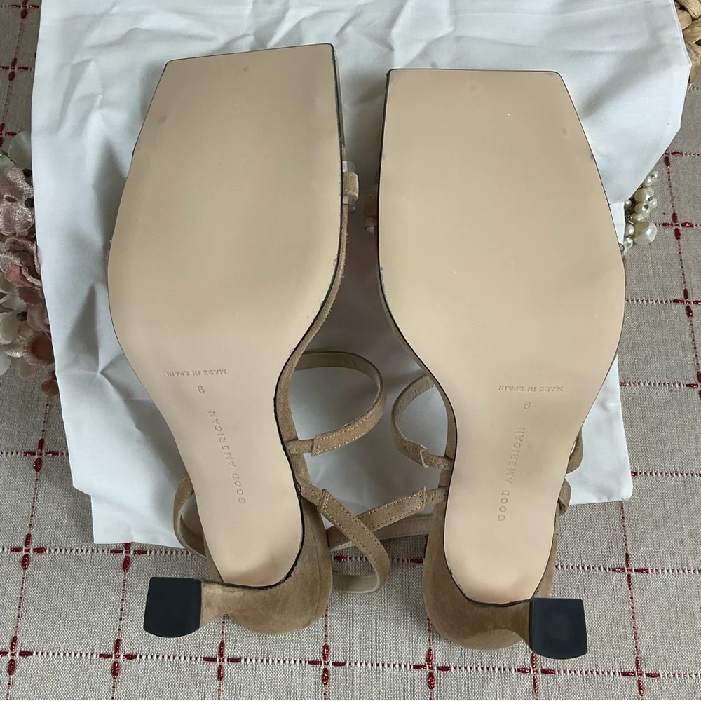 Good American Suede Strappy Heels Gold Square Toe Sz 9 Light Brown Leather New - Picture 6 of 8
